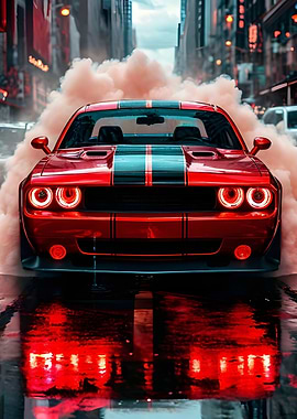 Red Challenger burnout in city street