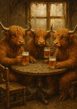 Cows Drinking Beer at a Table