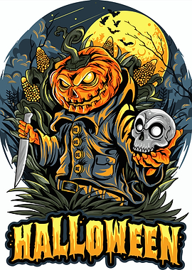 Halloween Pumpkin Character with Skull and Knife