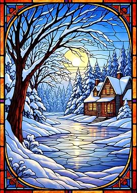 Winter Cabin Stained Glass Landscape