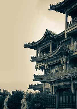 Sepia-toned Asian Pagoda Architecture