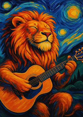 Lion playing guitar in starry night