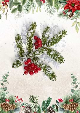 Christmas greenery with berries and snow
