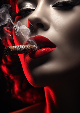 Woman Smoking Cigar with Red Lipstick