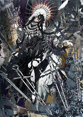 Monochrome hooded figure with swords