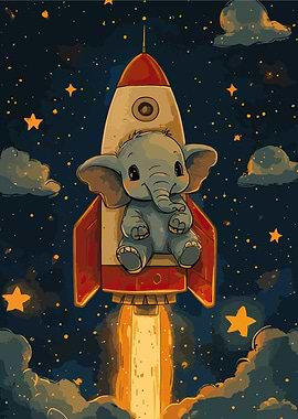 Elephant Astronaut on Rocket in Space