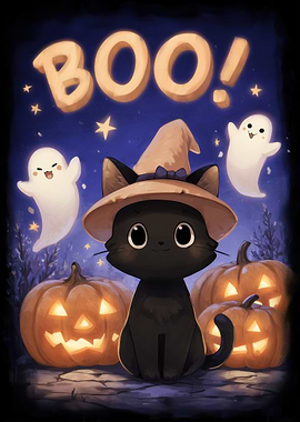 Cute Halloween Cat with Ghosts and Pumpkins