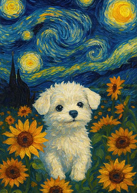 Dog in Sunflower Field, Starry Night