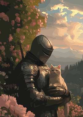 Knight holding a cat in garden