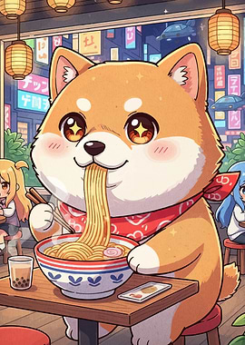 Cute Shiba Inu Eating Ramen