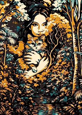 Woman holding cat in forest art