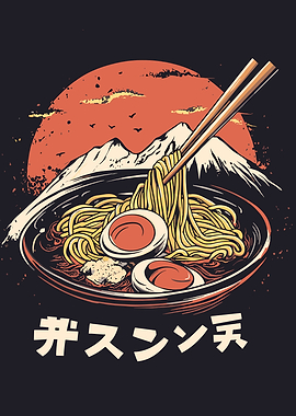 Ramen Bowl with Mountain and Sunset