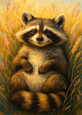 Relaxing Raccoon in a Field