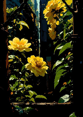 Yellow Flowers in Window, City View