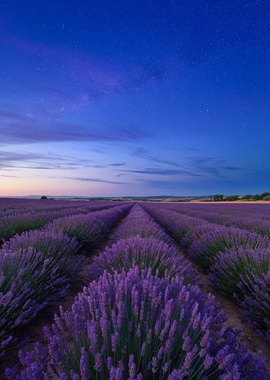 Lavender field under starry night sky