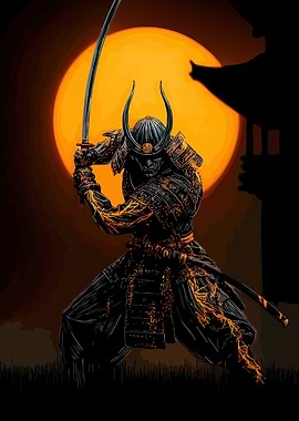 Samurai Warrior with Katana and Moon