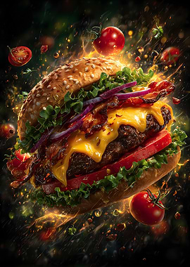 Delicious Burger with Flying Ingredients