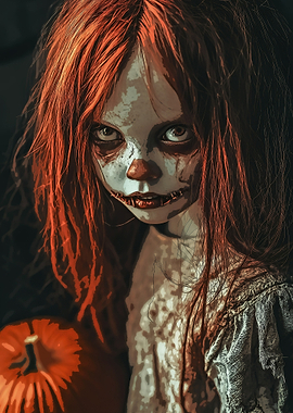 Creepy Clown Girl with Pumpkin