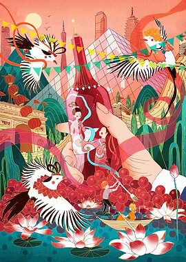 Whimsical Wine Bottle with Asian Elements