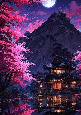Japanese Temple with Cherry Blossoms