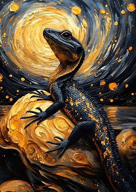 Lizard on Golden Rock, Starry Night