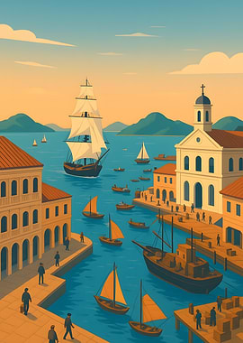 Coastal Harbor Scene with Sailing Ships