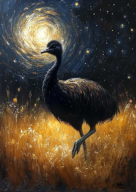 Emu under starry night painting