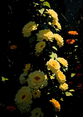 Yellow Flowers in Dark Garden