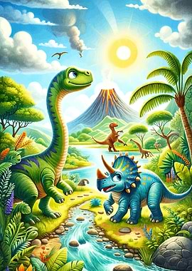Cartoon Dinosaurs Lush Landscape