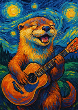 Otter Playing Guitar in Starry Night
