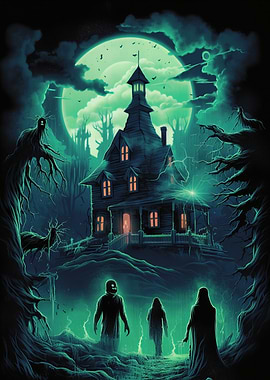 Haunted House with Ghosts in Moonlight