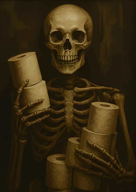 Skeleton hoarding toilet paper rolls