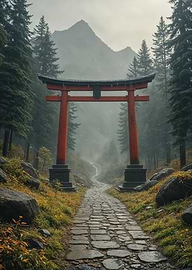 Torii Gate in Misty Forest Landscape