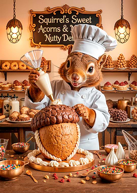 Squirrel Chef Decorating Acorn Cake