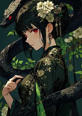 Anime Girl with Snake and Flowers
