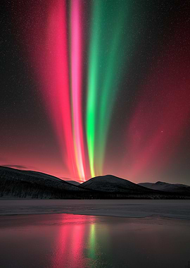 Aurora Borealis over Mountains and Lake