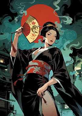 Geisha with Fan in Japanese Setting