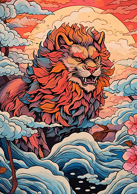 Colorful Lion Illustration with Clouds and Waves