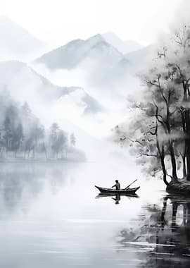 Monochrome Lake Scene with Boat
