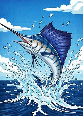 Cartoon Marlin Leaping Ocean