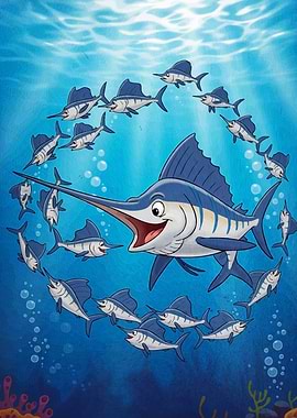 Cartoon Marlin Circle Ocean