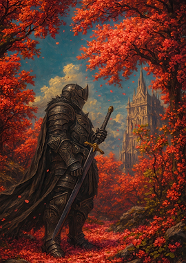 Knight in Autumnal Forest with Castle