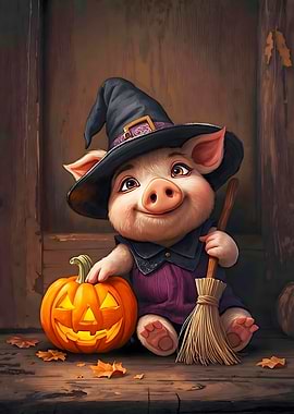 Cute Pig Witch with Pumpkin Halloween Pig