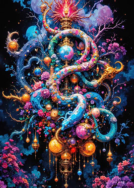 Ornate Celestial Serpent with Floral Accents