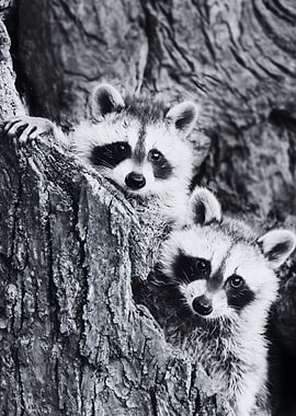Two Raccoons Peeking from Tree Hollow