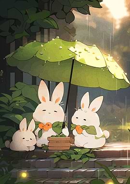 Rabbits under umbrella in the rain