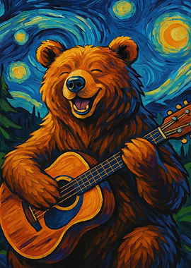 Happy Bear Playing Guitar Art