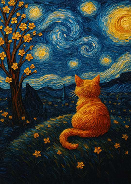 Cat under Starry Night Sky Painting