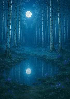 Fantasy Moonlit Forest Reflection