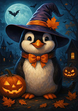 Halloween Penguin with Witch Hat
